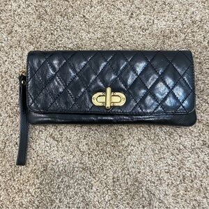 Vintage Lauren Di Maggio Leather Black Clutch Wrislet with Gold Accents